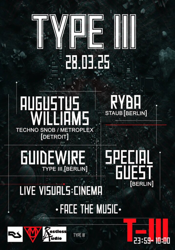 TYPE III May Day Manifest flyer for 01.05.26 featuring Ryba, Eisbrenner, Frankov, Andrapodon, and Guidewire.